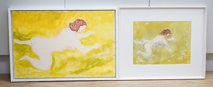 Caroline Conran (b.1939), oil on canvas, Study of a nude woman, together with a watercolour of the same subject, each signed, largest 40 x 60cm. Condition - good